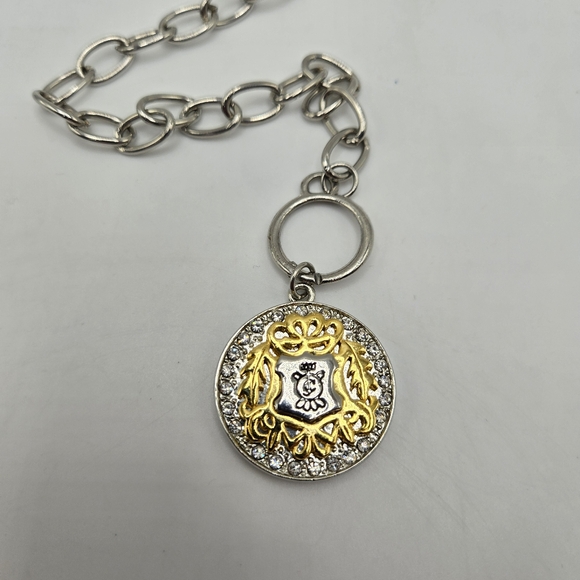 Juicy Couture Pendant Necklace Y2K Coat Of Arms Rhinestone Silvertone Goldtone - Picture 5 of 6
